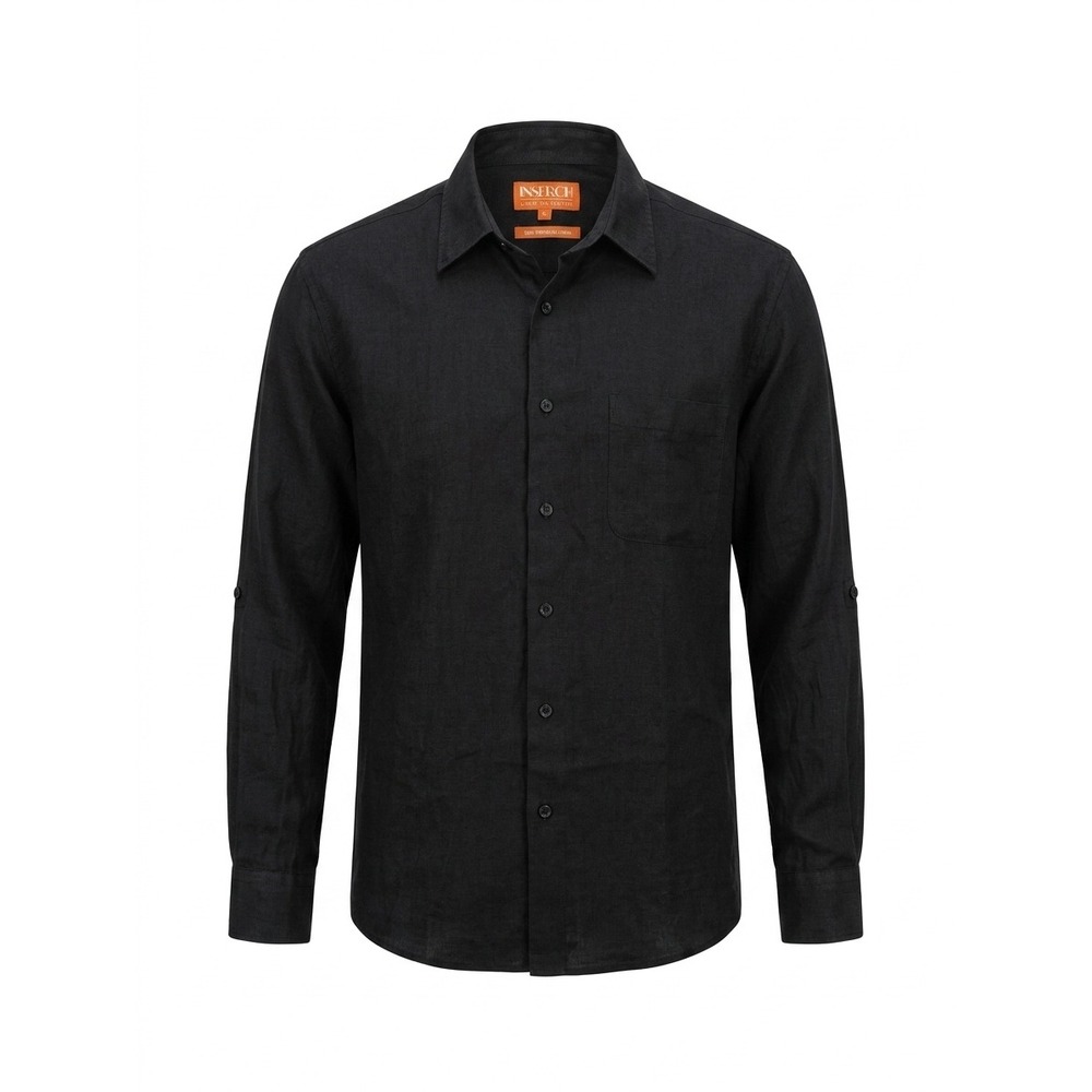 Inserch Mens XL Black 100% Premium Linen Long Sleeve Roll Tab Button Down Shirt